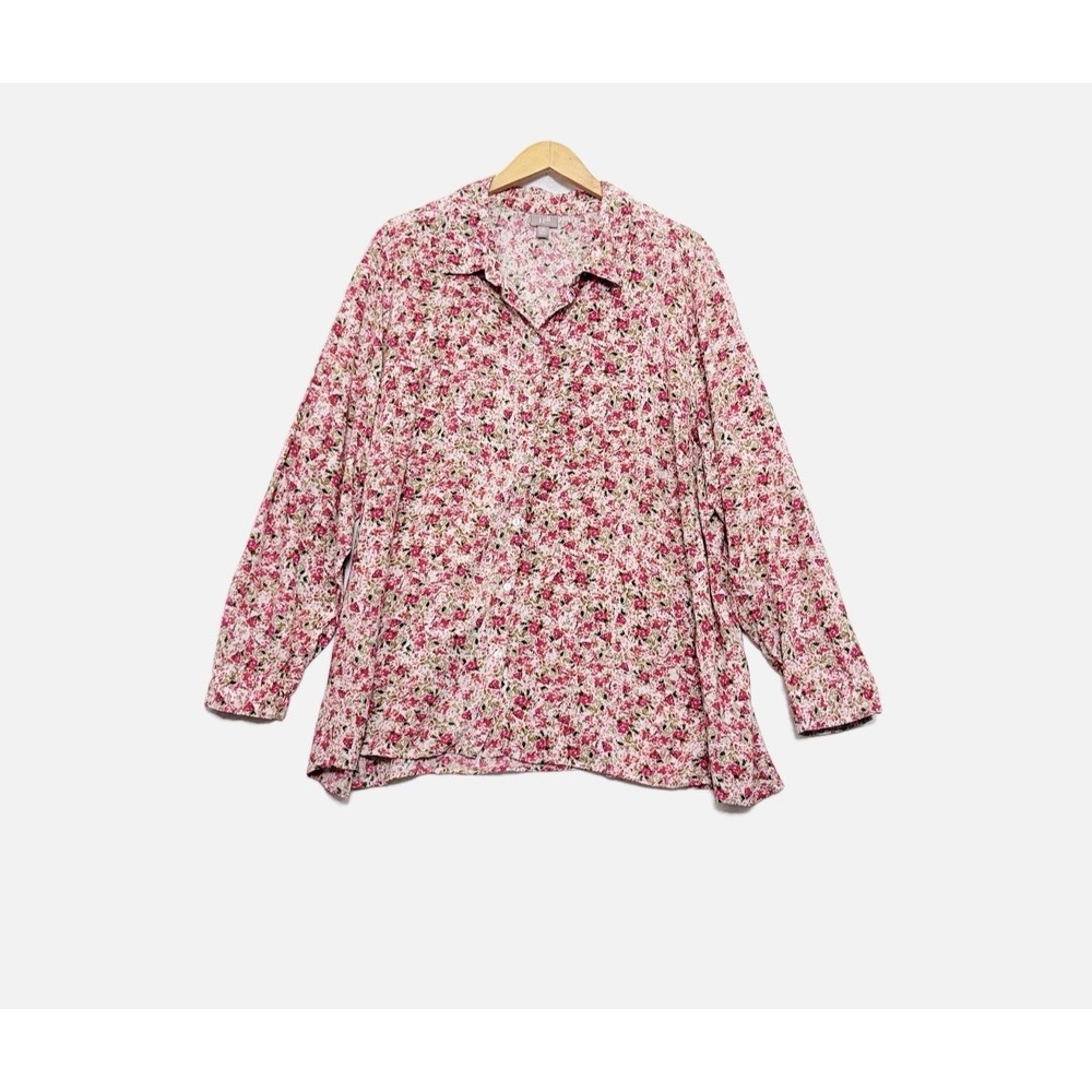 J. Jill Top Size 3X MicoFloral Button Front Long Slv Peasant Fall Cottage Blouse